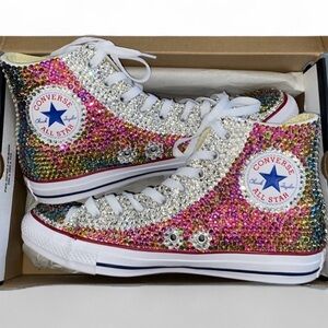Rainbow & Crystal Diamond High Top Converse Sizes 5-14 New With Ribbon Laces